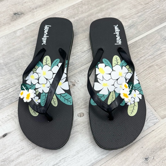Island Girl Black Floral Flip Flops - Picture 1 of 5